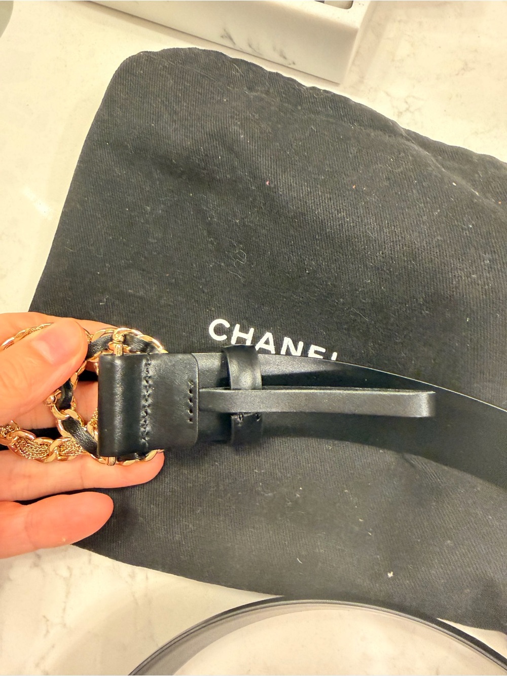 CHANEL Black Leather Belt with Gold Chain CC Buckle - Picture 6 of 7